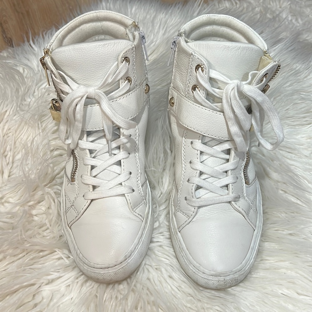 White leather high top sneakers with gold decorative zippers and locks ALDO